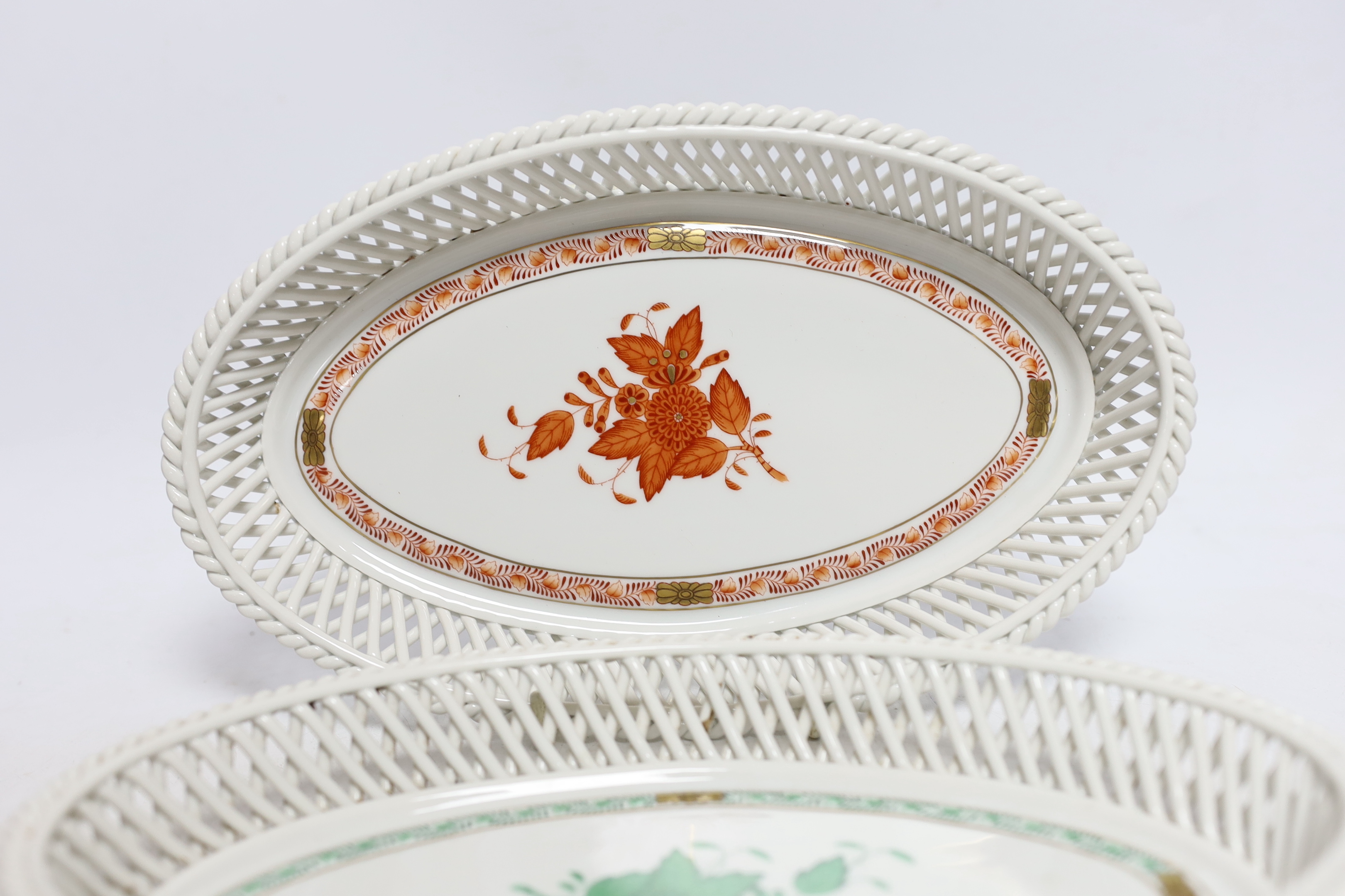 Two Herend oval porcelain basket dishes, 26.5cm